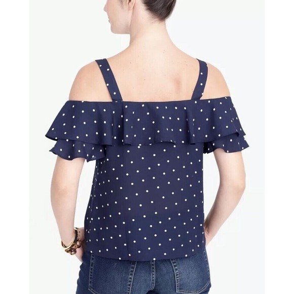 J.Crew Sz 6 Polka Dot Cold Shoulder Top Blue White Ruffle Tiered Cotton Textured - Picture 2 of 13